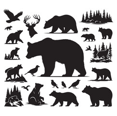 bear silhouettes vector, set of animals Brown grizzl Black vector