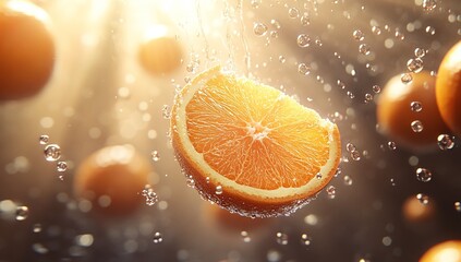 Orange slice in water splash, sunlight background, food photography