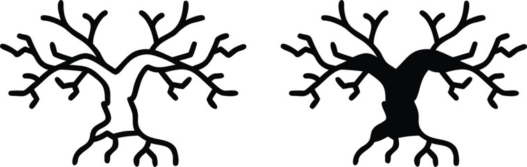 Creepy Tree Vector Icons – Black and White Halloween Bare Branch Silhouette Illustration