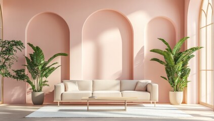 Pastel living room interior with arched alcoves and plants