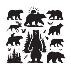 bear silhouettes vector, set of animals Brown grizzl Black vector