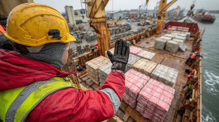 Fototapeta premium Worker Overseeing Cargo Loading on Docked Ship in Harbor