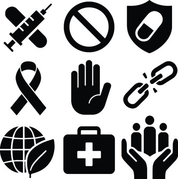 Black silhouette icon set for International Day Against Drug Abuse and Illicit Trafficking &mdash; featuring crossed pill & syringe, no‑symbol, shield with capsule, awareness ribbon, hand stop sign, chain b