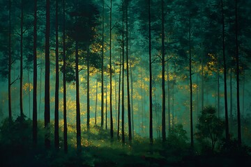 Obraz premium deep forest with golden sunlight cutting through dark green shadows