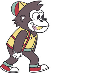 Cartoon chimpanzee wearing a hat and jacket swings happily from a striped rope above