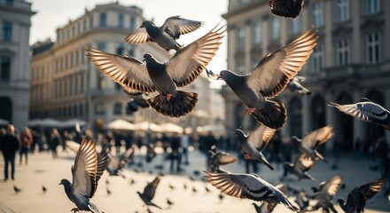 A flock of pigeons takes flight in a European city square, with people and buildings visible in the background.