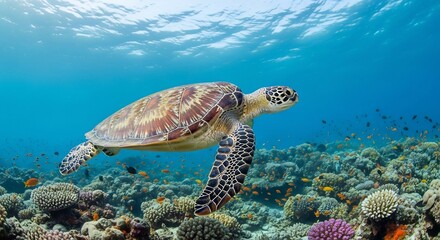 Obraz premium Sea turtle gracefully swims over a vibrant coral reef in clear blue ocean water.