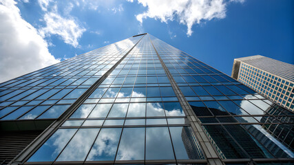 A skyscraper reaches up to a clear blue sky with soft clouds floating by