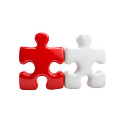 Obraz premium Two glossy puzzle pieces one red and one white connected together isolated on transparent background