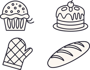 Bakery and Pastry Illustration Set Featuring Bread Cakes and Baked Goods. Delicious Pastry and Bakery Collection with Croissants Muffins and Rolls. Flat Style Bakery Illustration for Food Packaging