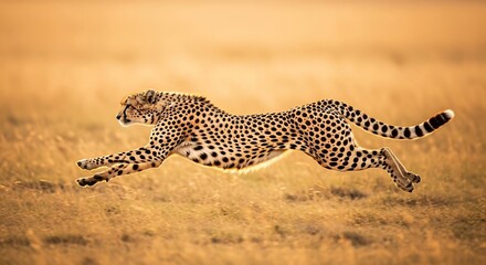 A cheetah in full stride across a golden savanna landscape.