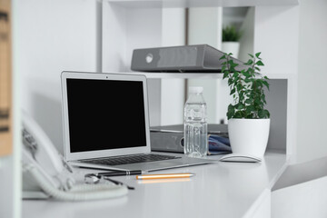 Blank laptop with water bottle and plant on desk in light office
