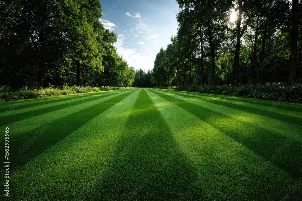 Wall mural empty lawn with stripes showing recent mowing pattern