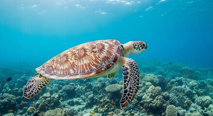 Obraz premium Sea turtle gracefully swims in clear blue ocean water above a vibrant coral reef ecosystem.