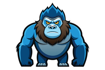 Cartoon blue gorilla stands looking tough with a serious, determined expression on its face