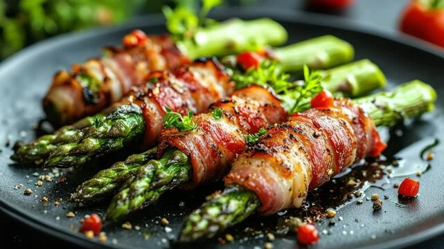Bacon wrapped asparagus bundles seasoned with herbs and spices served on black plate creating delicious cooked appetizer with vibrant green and red colors showcasing savory grilled dish