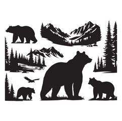 bear silhouettes vector, set of animals Brown grizzl Black vector
