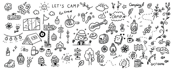 Hand drawn camping element line doodle concept set. Illustration vector design.