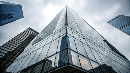 Fototapeta premium A tall building stands against a backdrop of a cloudy sky, creating a dramatic urban scene