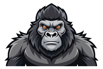 A fierce gorilla with piercing orange eyes stares intensely, its fur a blend of grays