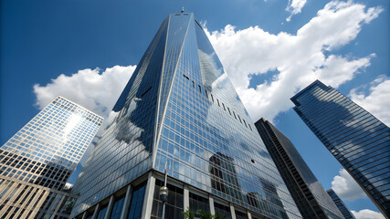 A tall building stands against a clear blue sky, showcasing its height and modern architecture