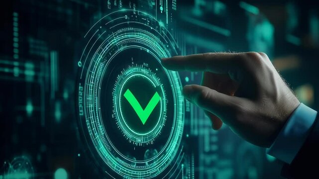 A hand is pointing to a green check mark on a screen. The check mark is surrounded by a circle and he is glowing. Concept of approval or validation