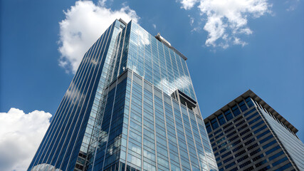 Obraz premium A tall structure rises under a vibrant blue sky filled with white, wispy clouds