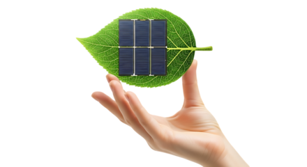 Person holding solar panel on a leaf illustrating clean energy and green technology