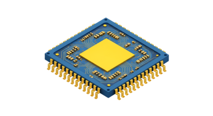 Isometric view of a 3d rendered modern computer processor on a black background.