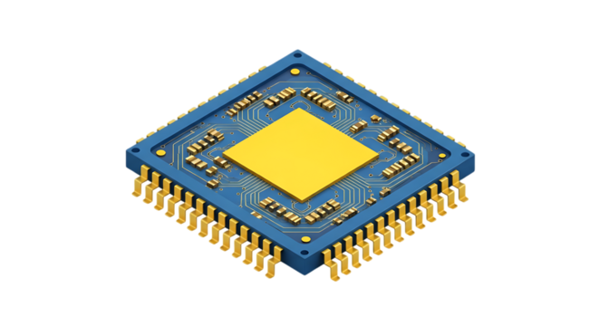 Isometric view of a 3d rendered modern computer processor on a black background.