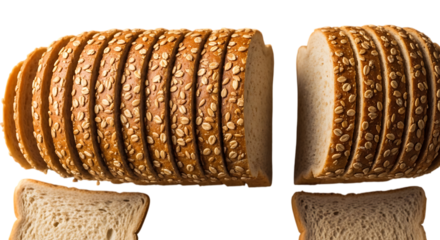 Freshly sliced oatmeal bread loaf with scattered seeds against a dark black background