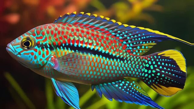 Vibrant Jewel: Close-Up of a Colorful Apistogramma Fish in Lush Aquarium Setting.