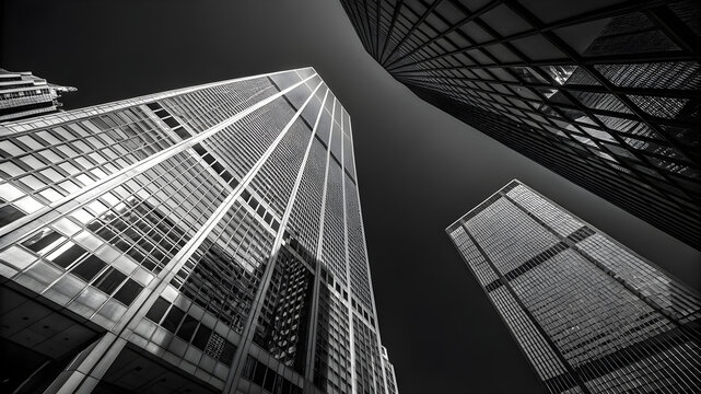 Black and white cityscape featuring tall buildings, emphasizing the height and design of urban architecture