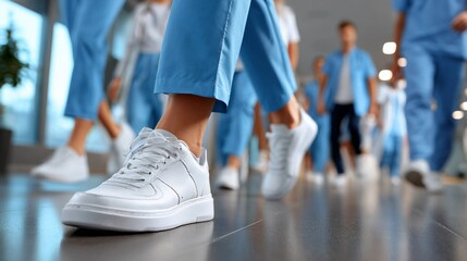 Fototapeta premium Healthcare professionals' feet in scrubs and sneakers walking down a hospital hallway - busy medical team