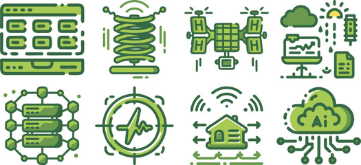 Vector art of a collection of green digital technology icons isolated on transparent background, illustrating cloud computing, ai, and smart home automation.
