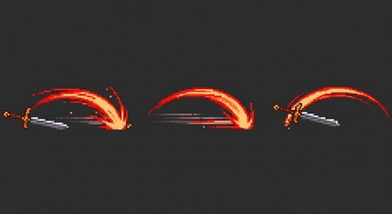 Pixelated sword slashing animation showcases fiery energy with a unique design and movement across a dark background.