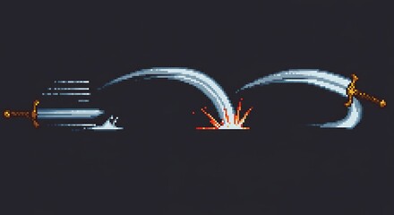 Pixelated animation of a sword slashing creates an arc, showing a video game style combat sequence in retro design.