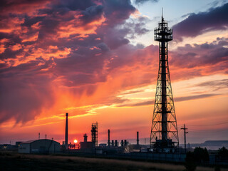 Oil refinery industrial landscape at sunset