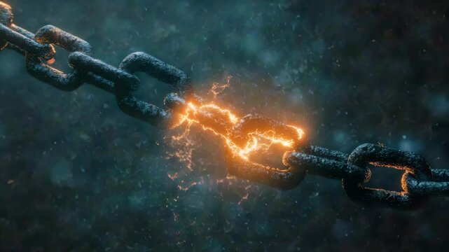Glowing broken chain link with sparks flying in dark rusted metal background symbolizing strength and connection breaking point in intense dramatic scene and electric energy disruption