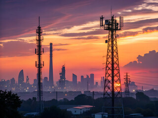 Fototapeta premium Silhouette of an abstract telecommunication tower antenna and satellite dish at sunset sky background