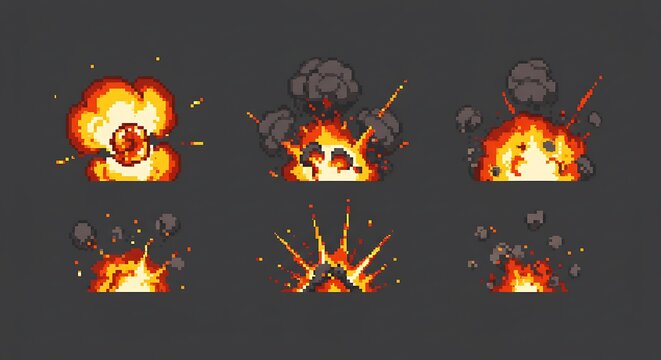 Pixel art explosion set displays dynamic fire effects perfect for retro video game development or graphic designs.