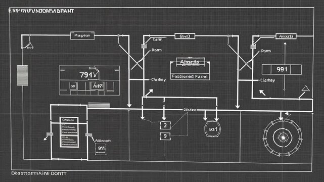 Architectural blueprint of a building with rooms and a circular element on a grid background
