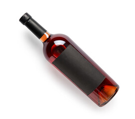 Bottle of exquisite red wine on white background. Top view