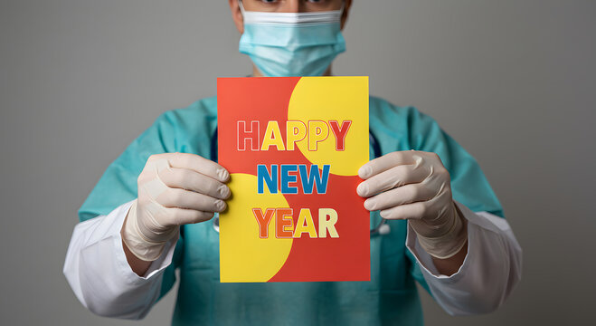 Doctor in scrubs and gloves holding a Happy New Year card; hopeful, optimistic New Year's message during a pandemic; medical professional, healthcare worker, COVID-19, festive, positive.