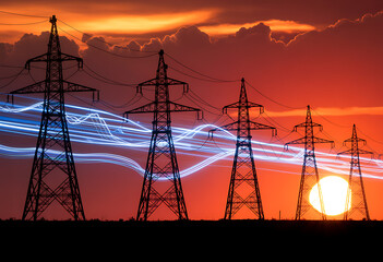 Electric power transmission towers silhouetted against a dramatic sunset with light streaks