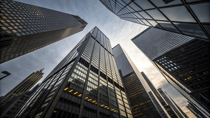 Naklejka premium View of tall buildings towering above from the ground, showcasing their impressive height and architectural design