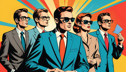 Mid-Century Modern Business Team in Pop Art Style