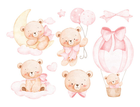Watercolor Illustration Set of Baby Bears in Nursery Theme