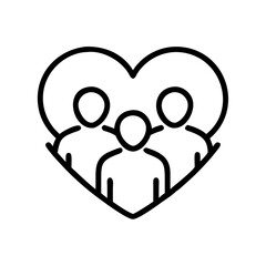 Group of three people standing inside a heart shape icon  