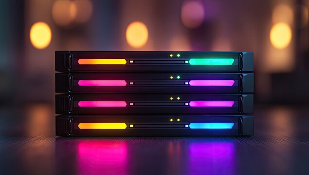 Stack of colorful server units illuminated by vibrant LEDs in a dark, softly lit room